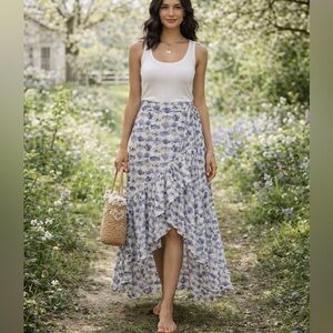 NWT NEW YORK & CO EVA MENDES Floral Wrap Skirt Asymmetrical Ruffle Hem Boho XS